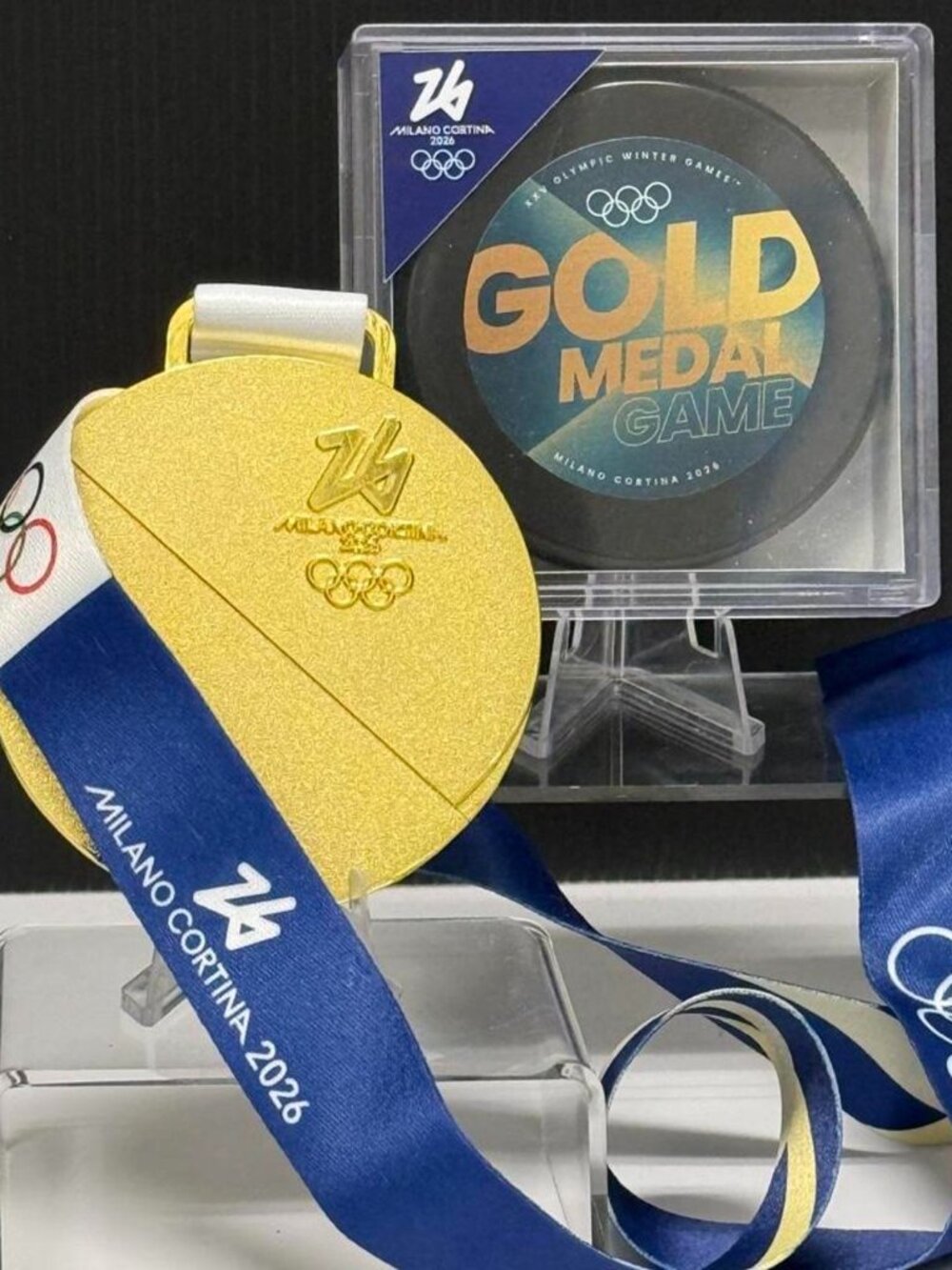 2026 Milano Cortina Olympic Gold Medal Replica + Gold Medal Game Hockey Puck